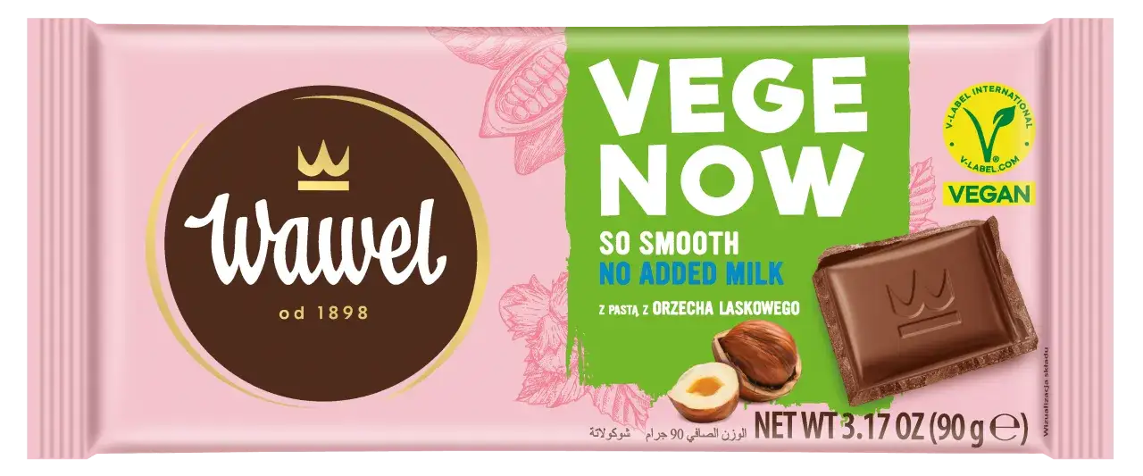 Wafel Vege Now - czy gorzka czekolada jest wegańska? Tak, ta czekolada z orzechami laskowymi jest wegańska, bez dodatku mleka.
