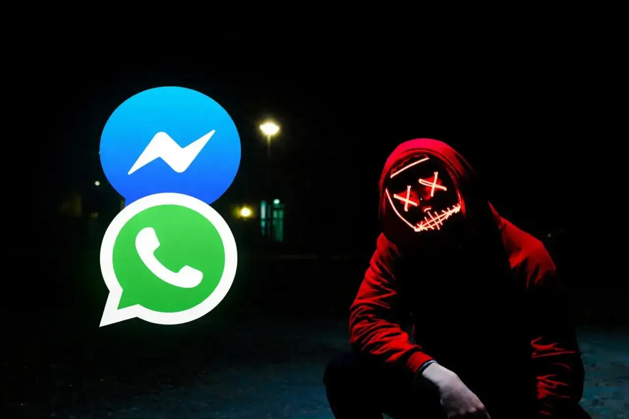 Groźby karalne przez komunikatory jak Messenger czy WhatsApp mogą prowadzić do konsekwencji prawnych. Postać w masce symbolizuje zagrożenie.