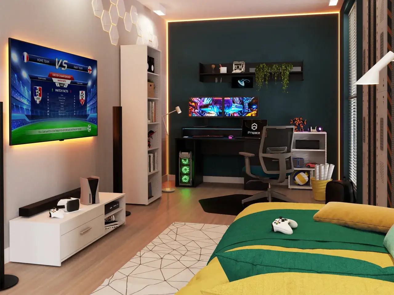 Pok&oacute;j młodzieżowy dla chłopaka: grający komputer, konsola, piłka nożna na ekranie. Kolory: zieleń, ż&oacute;łty, granatowy.