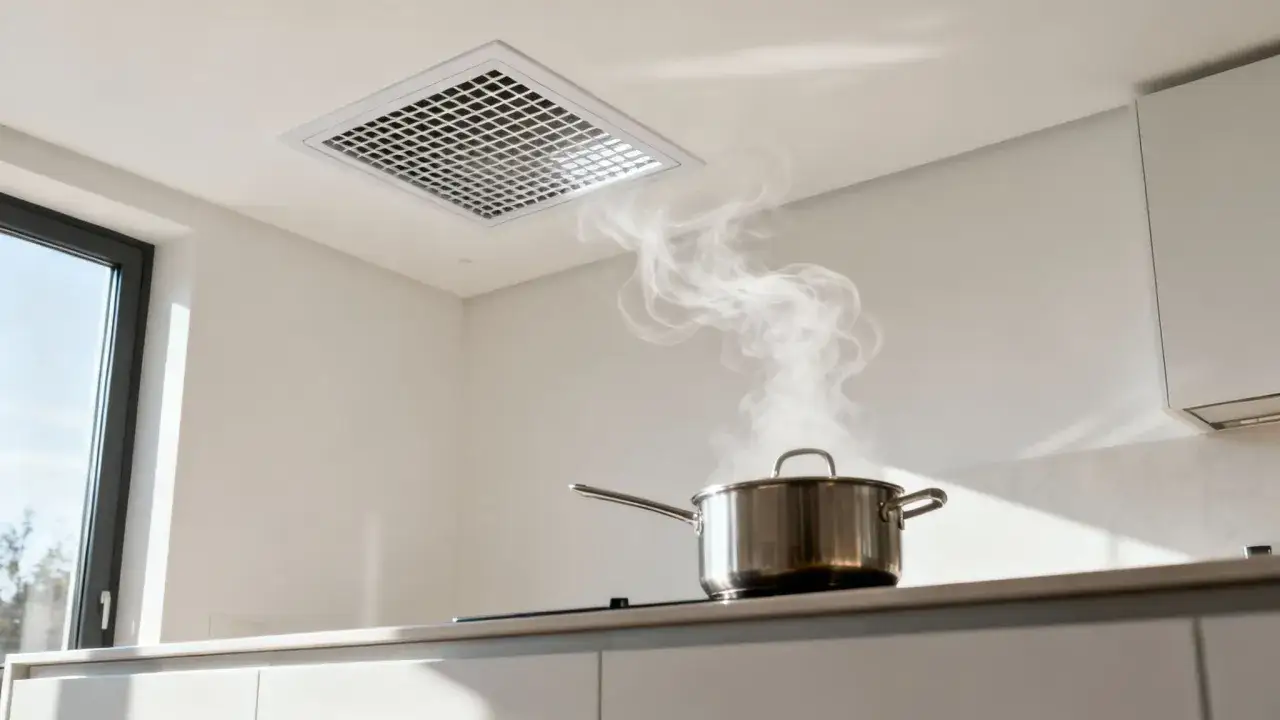 Para uniknąć kary za brak wentylacji w kuchni, para z garnka jest skutecznie odprowadzana przez nowoczesny okap sufitowy.