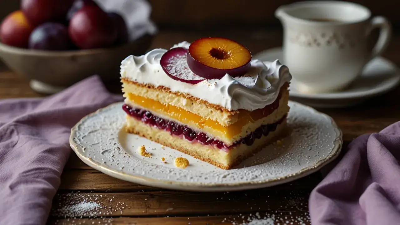 Zdjęcie Jak przygotować ciasto ze śliwkami budyniem i bezą – przepis?