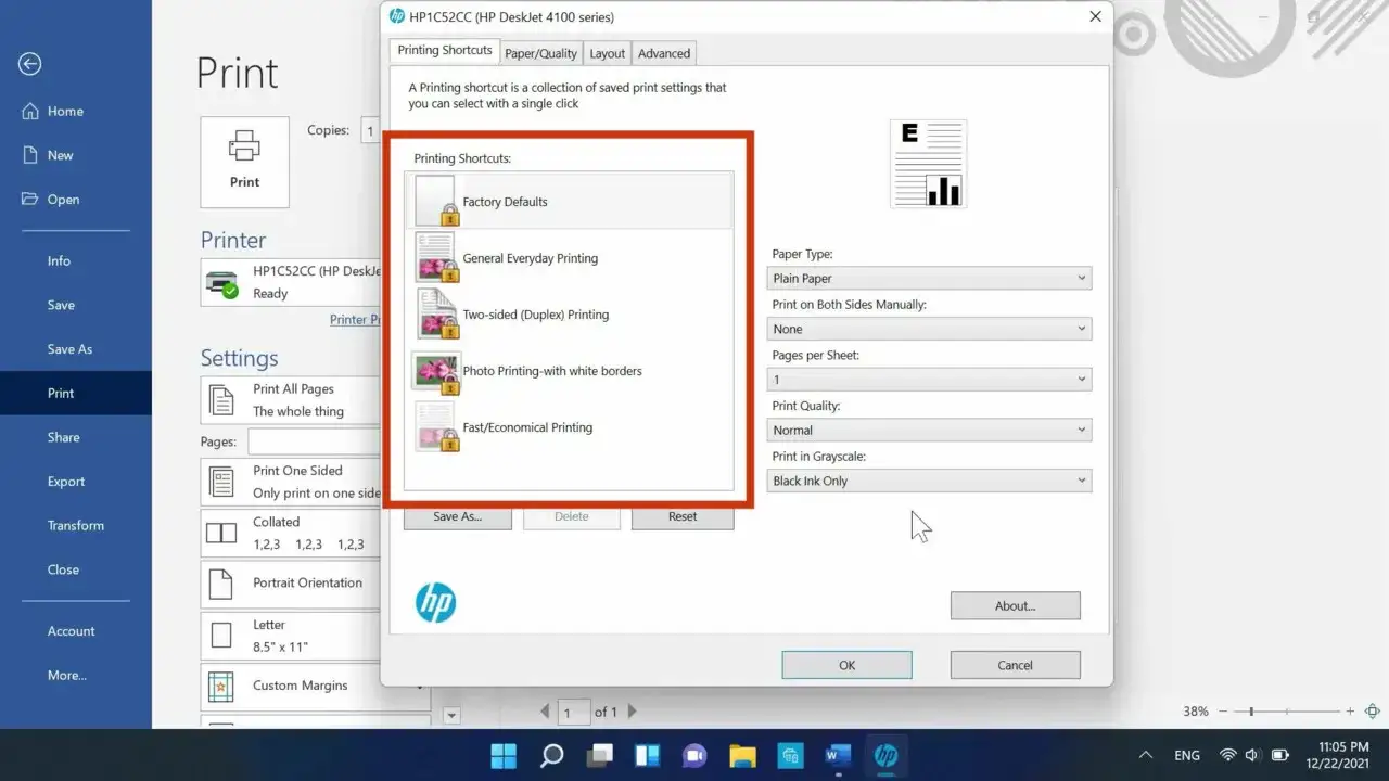 Ustawienia drukowania Windows HP
