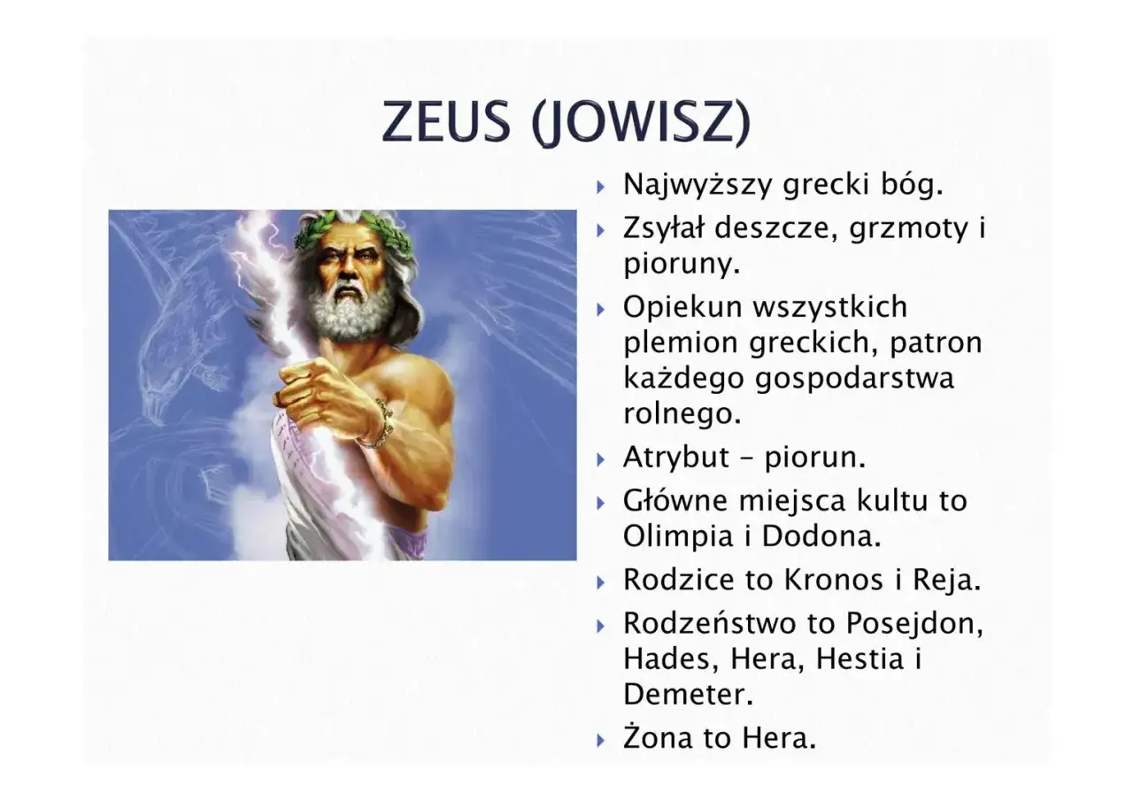 Mitologia Parandowskiego streszczenie: Zeus, władca Olimpu, z piorunem w dłoni, najwyższy grecki bóg, opiekun plemion i rolnictwa.
