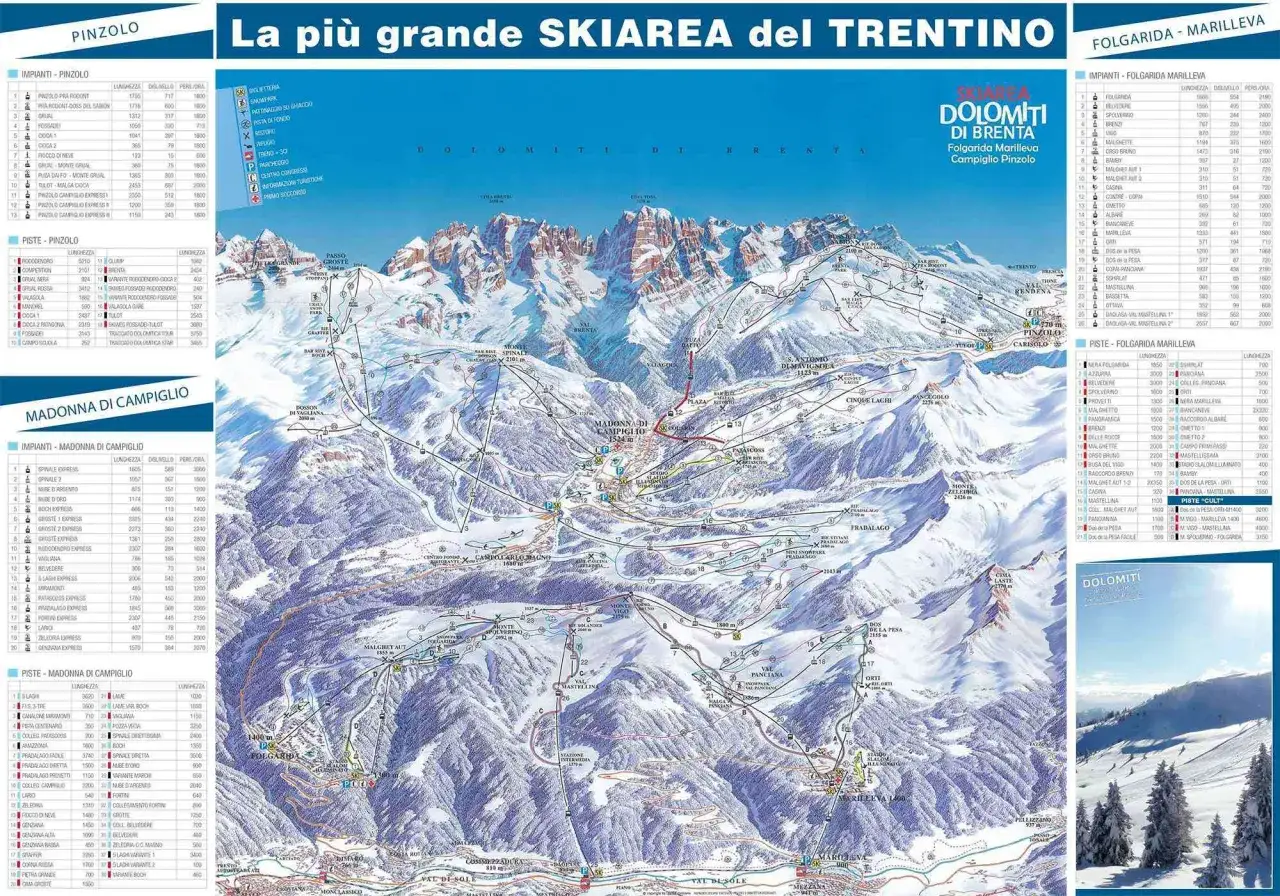 Mappa di Madonna di Campiglio con aree principali e piste