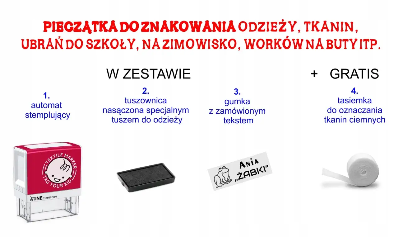 Zestaw do znakowania ubrań do przedszkola: stempel, tuszownica, gumka z tekstem i taśma do tkanin.