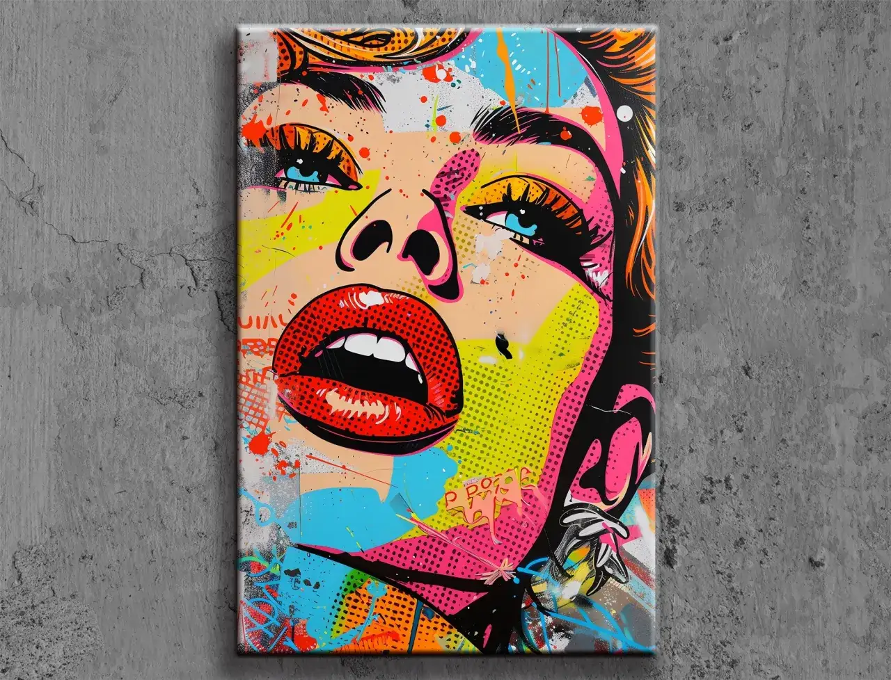 Wyraziste portrety w stylu pop art, pełne żywych kolorów i dynamicznych linii. Obraz przedstawia twarz kobiety z mocnym makijażem, wibrującą energią.