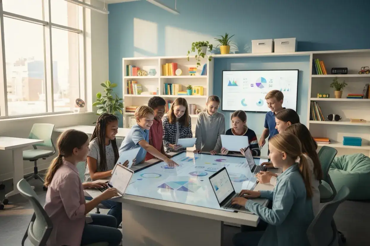 Dzieci uczą się z pasją, korzystając z interaktywnego stołu i laptopów. To przykład nowoczesnych metod nauczania, które angażują i inspirują.
