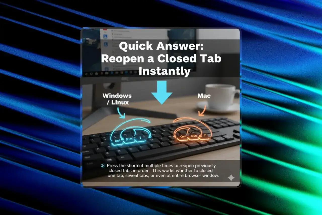 Jak przywr&oacute;cić zamknięte karty? Na Windows/Linux: Ctrl+Shift+T. Na Mac: Cmd+Shift+T. Szybko odzyskasz utracone zakładki.