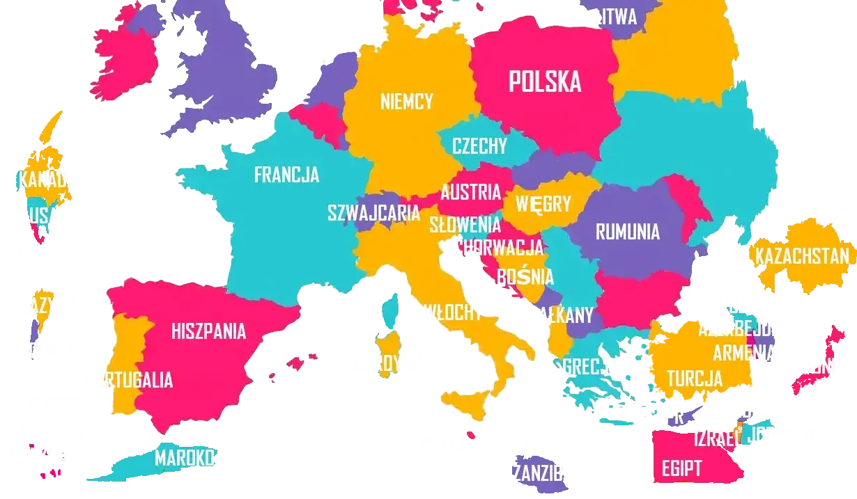 mapa popularnych kierunków turystycznych, loga biur podróży
