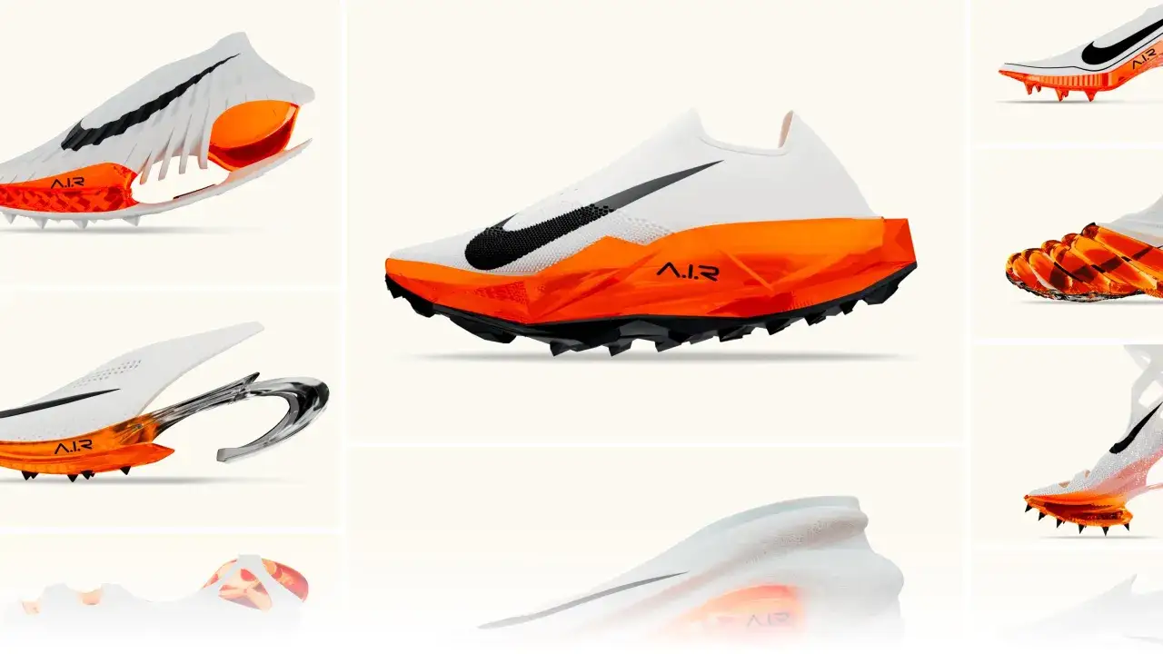 Kolekcja futurystycznych but&oacute;w Nike z pomarańczowymi akcentami i kolcami. To zdecydowanie najdziwniejsze buty Nike, jakie widziałem!