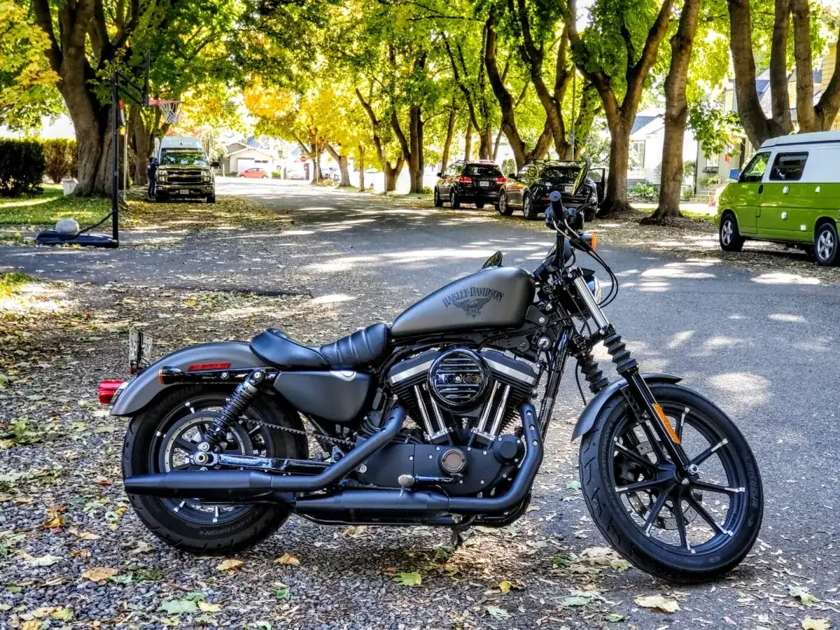 Szary motocykl Harley-Davidson zaparkowany na tle jesiennej ulicy z drzewami i samochodami.
