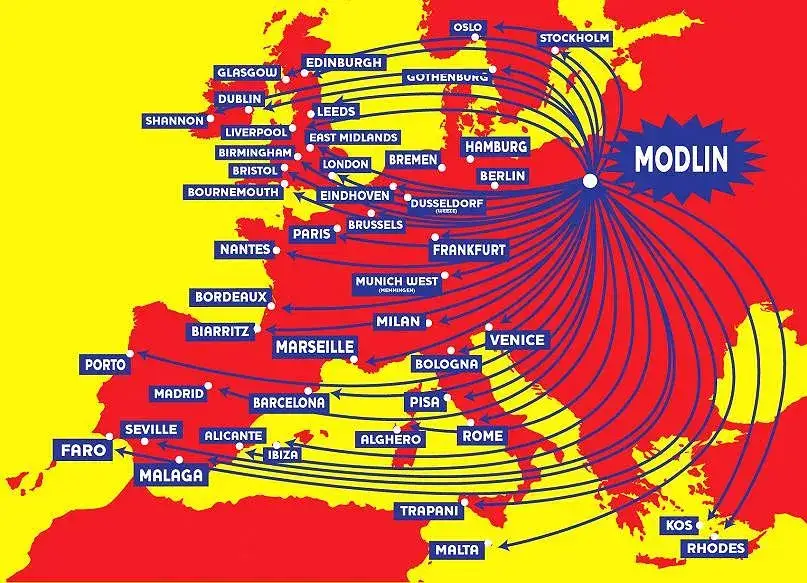 Mapa tanich kierunków lotniczych Europa