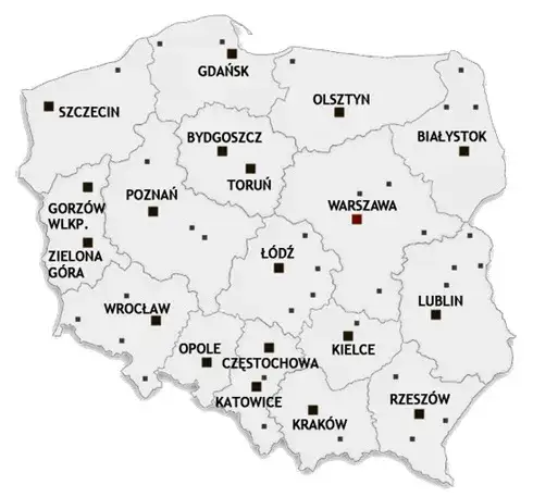 Mapa Polski z zaznaczonymi miastami Katowice i Częstochowa, lub og&oacute;lny obraz lekarza/gabinetu urologicznego