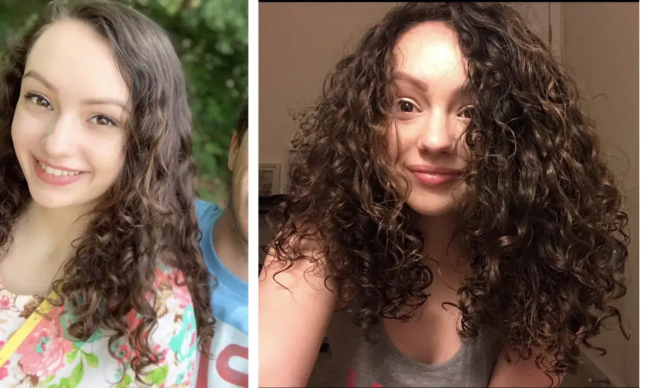 Kobieta z kręconymi włosami, kt&oacute;re wyglądają na zdrowsze i bardziej nawilżone po zastosowaniu odżywki proteinowej.