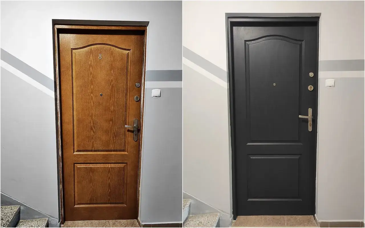 Przed i po: jak pomalować drzwi zewnętrzne z brązowych na eleganckie grafitowe. Odświeżenie wyglądu mieszkania.