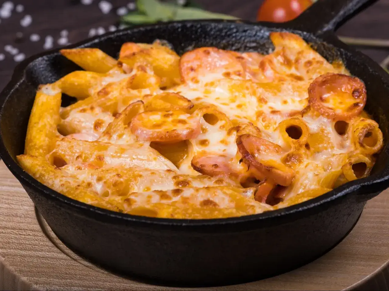 Penne zapiekane z kiełbasą i ciągnącym serem. Idealne danie, co na obiad w środę, gdy chcesz czegoś pysznego i sycącego.