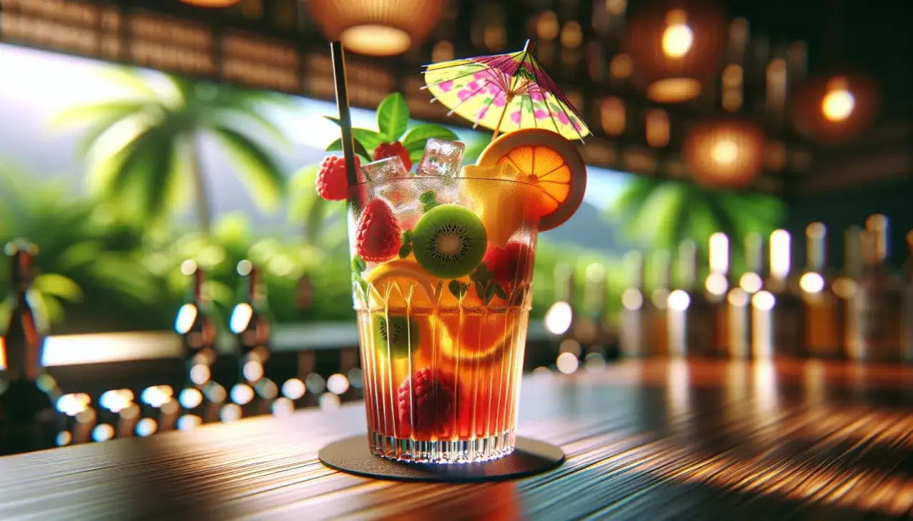 Orzeźwiający drink z malinami, kiwi i pomarańczą, ozdobiony parasolką. Idealny przepis na Drink Orgazm w tropikalnym klimacie.