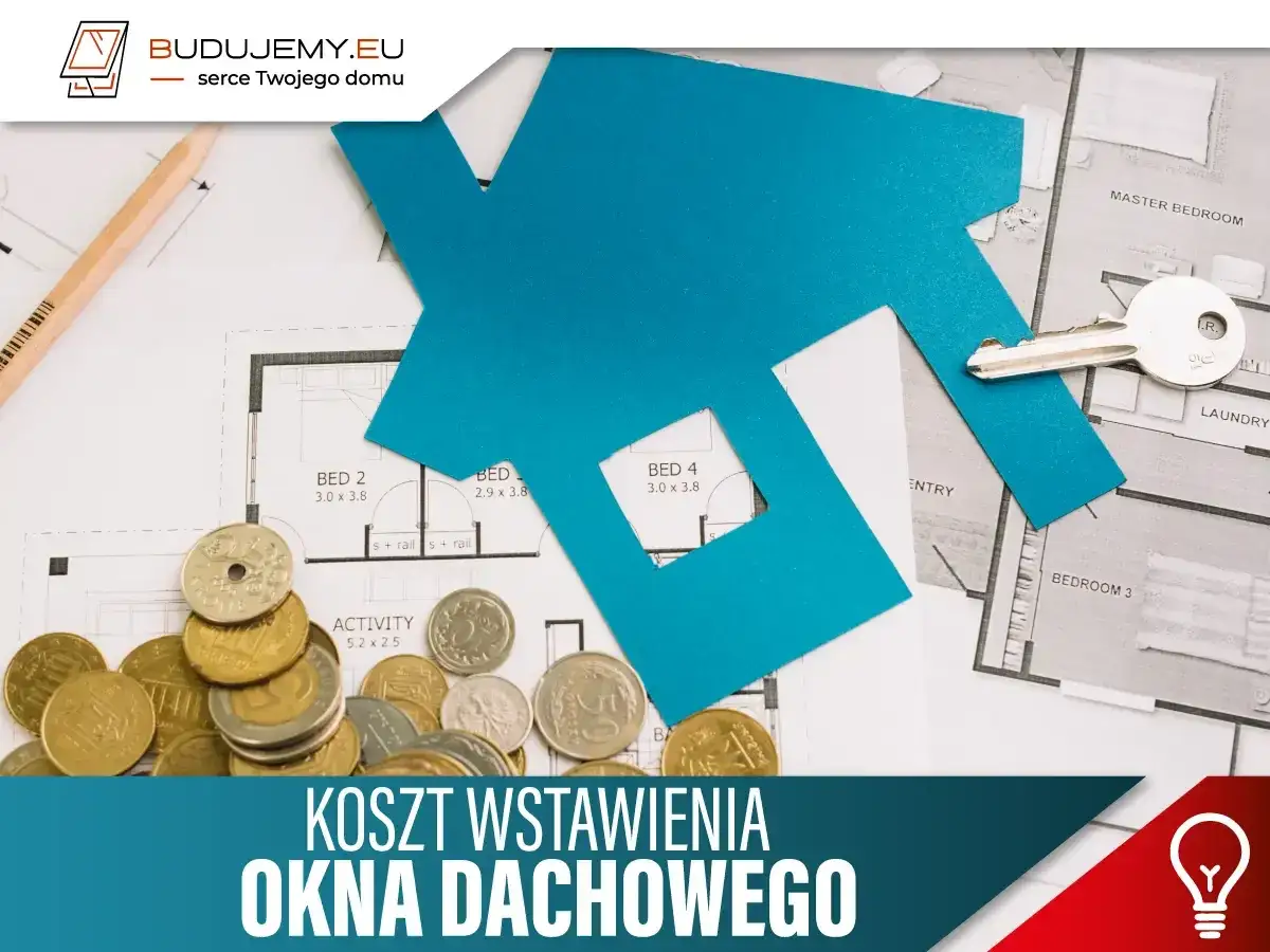 Plan domu, monety i klucz symbolizują, ile kosztuje montaż okna dachowego.