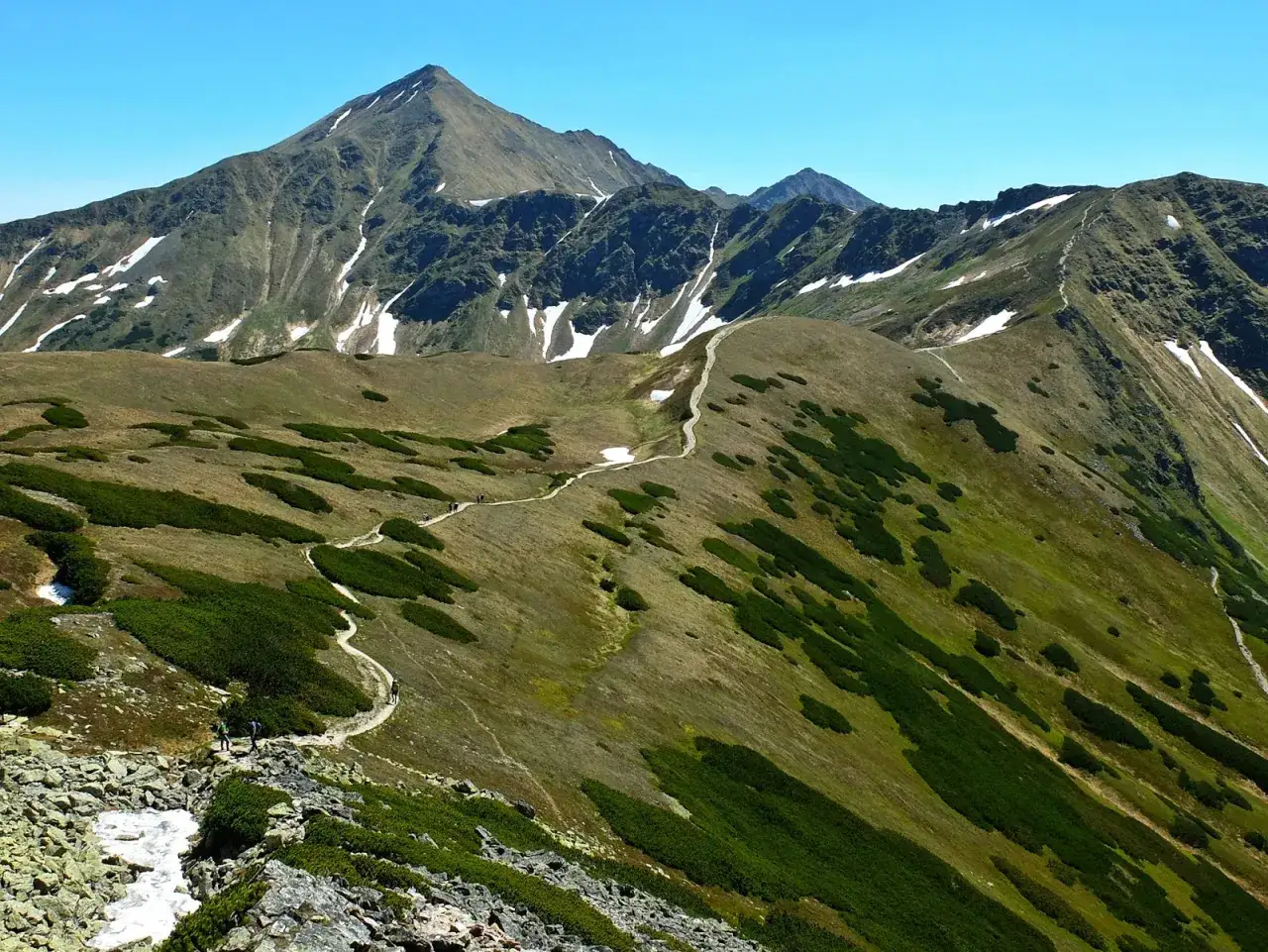 Malownicza przełęcz w Tatrach z krętym szlakiem, zielonymi kosodrzewinami i resztkami śniegu.