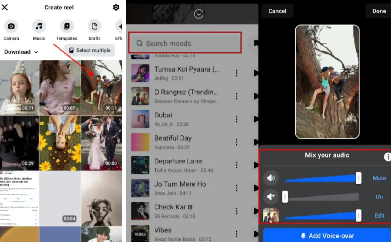 Jak dodać rolkę na Facebooku? Wybierz klip, dodaj muzykę z listy lub wyszukaj, a następnie miksuj dźwięk.