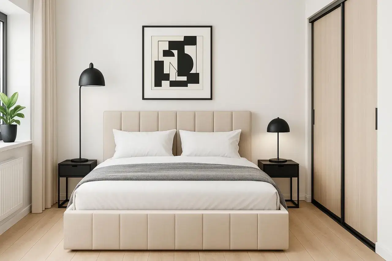 Nowoczesny styl sypialni: łóżko z tapicerowanym zagłówkiem, czarne lampki nocne, abstrakcyjny obraz i jasna szafa.