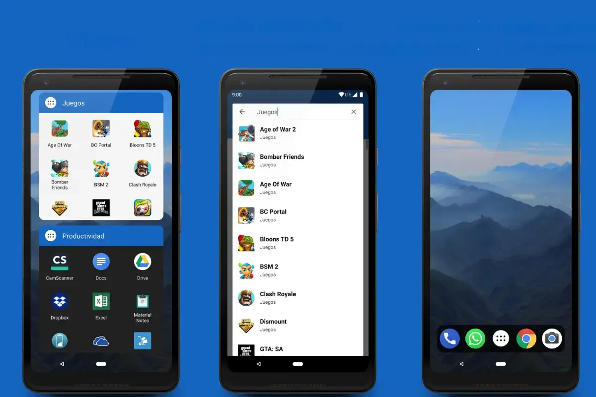 Jak ułożyć aplikacje w telefonie: widok folderów z grami i aplikacjami produktywności na ekranie telefonu, a także lista gier na drugim ekranie.