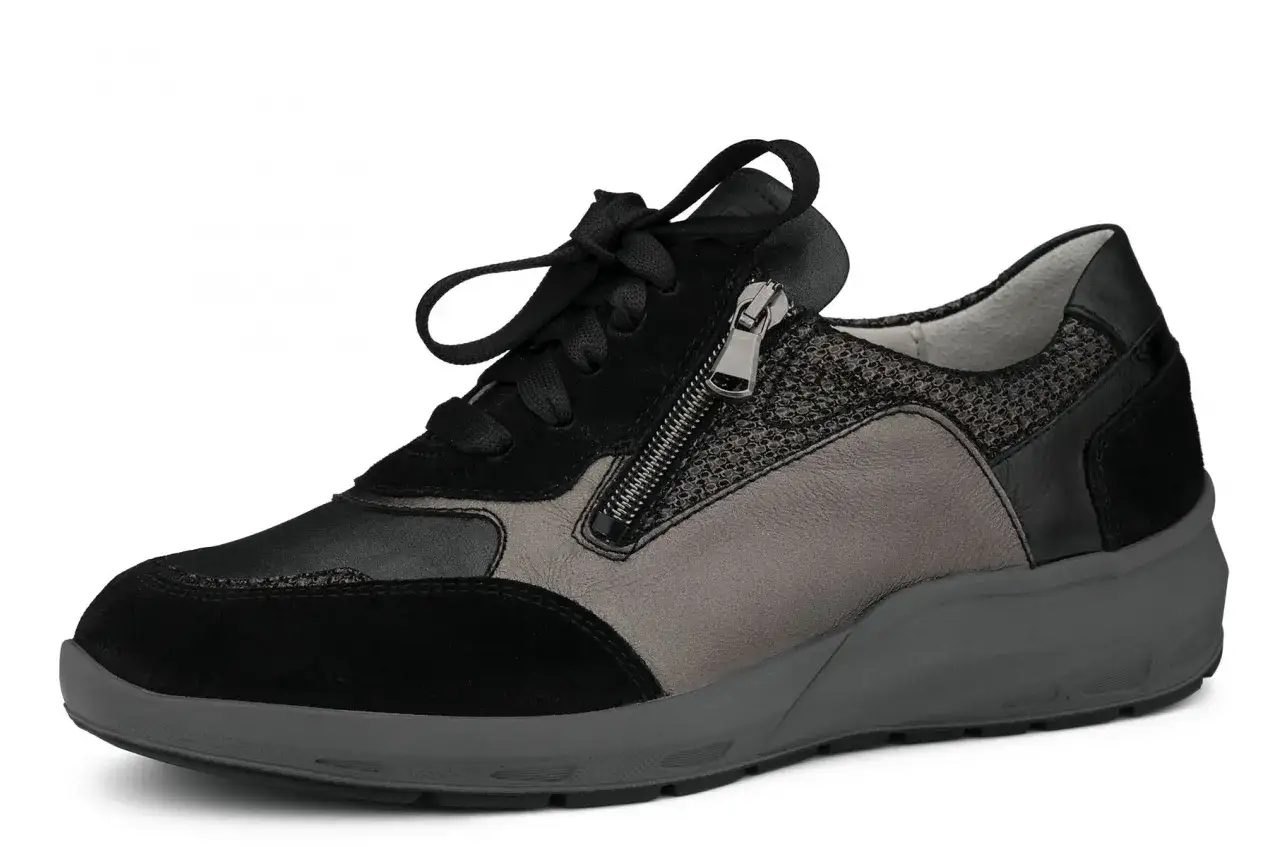 Czarny, szary sneaker z zamkiem błyskawicznym i sznur&oacute;wkami. Idealny dla szerokiej stopy, zapewnia komfort i styl.