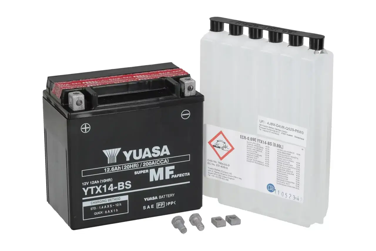 Akumulator motocyklowy Yuasa YTX14-BS, 12V 12Ah, 200A CCA. Idealny wybór, jeśli zastanawiasz się, jaki akumulator do motocykla wybrać.