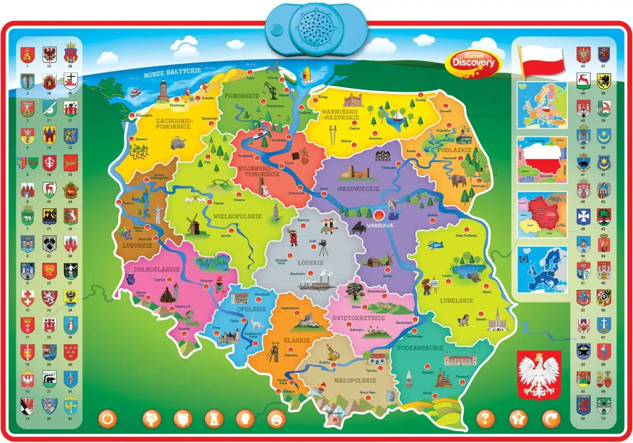 Mapa Polski z zaznaczonymi regionami turystycznymi dla rodzin