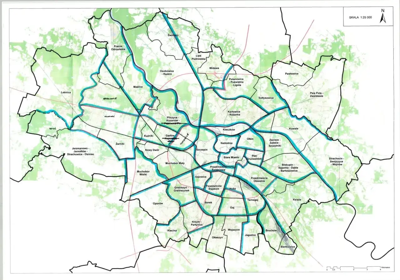 Mapa administracyjna Wrocławia z zaznaczonymi dzielnicami, m.in. Stare Miasto, Nadodrze, Muchobór. Jaka to dzielnica Wrocławia?