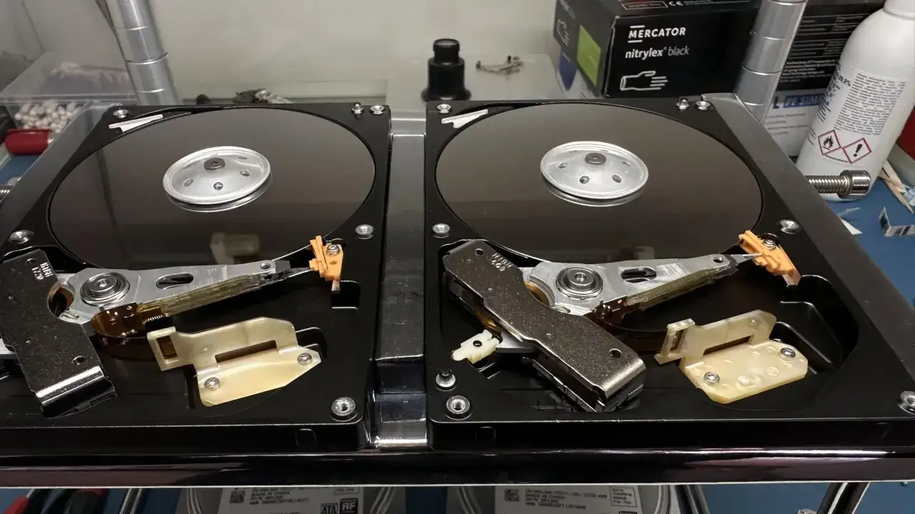 Dwa dyski twarde z widocznymi talerzami, ramionami i głowicami. W tle pudełko z napisem 