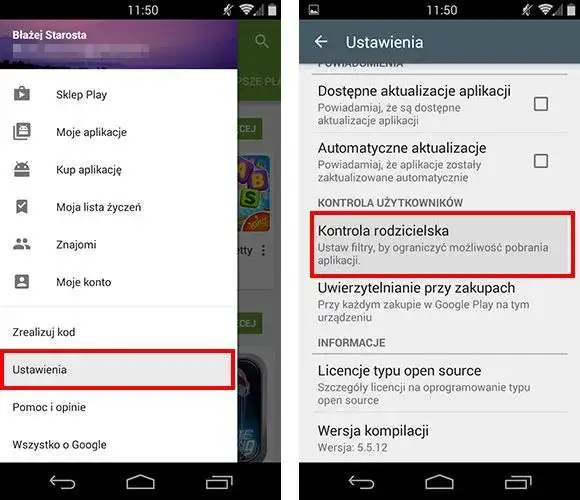 Ustawienia kontroli rodzicielskiej Google Play