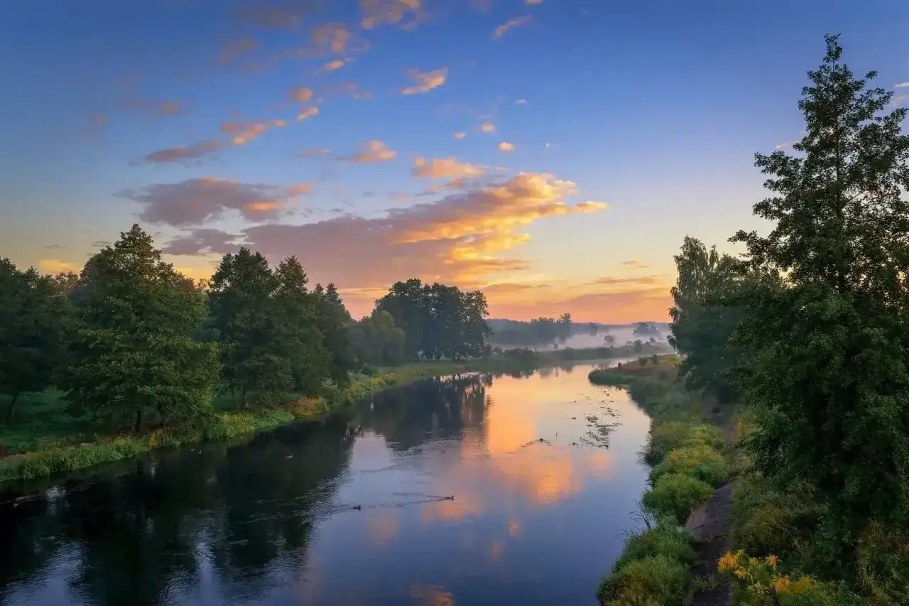 Motocyklista na drodze w Wielkopolsce, malowniczy krajobraz, słońce