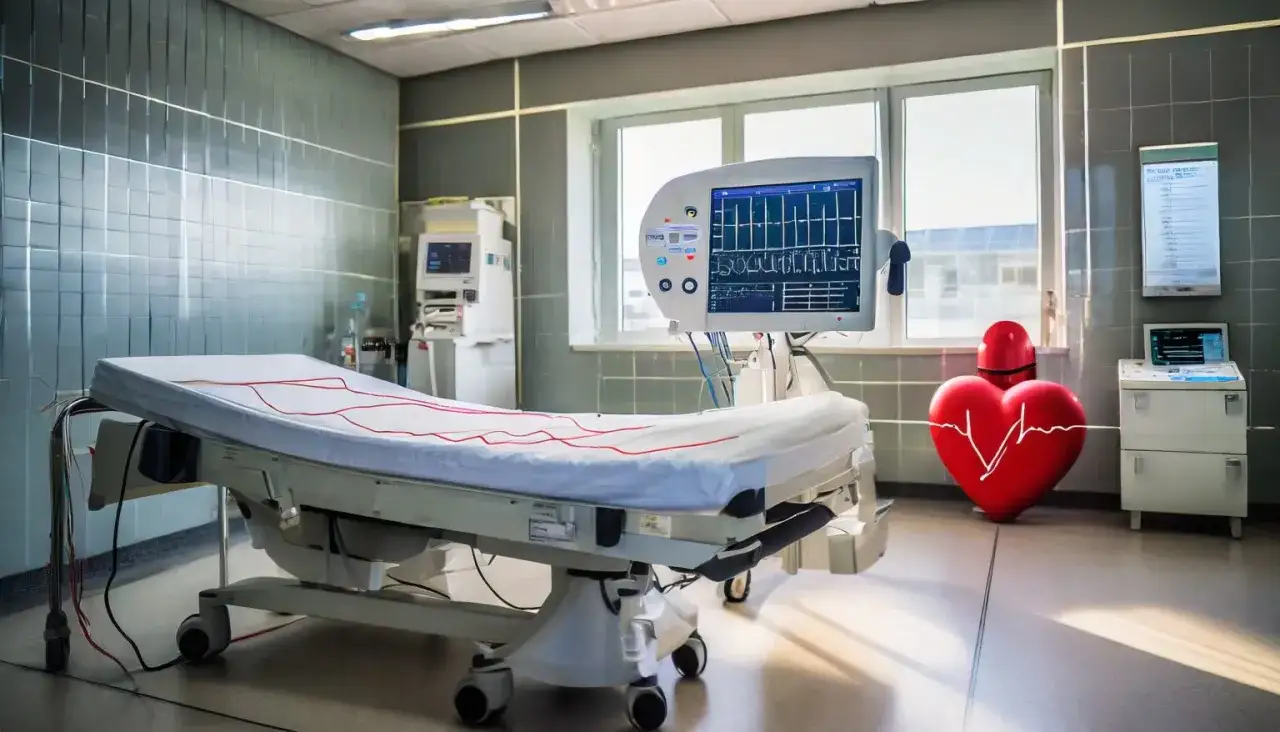 Sala zabiegowa z łóżkiem, monitorem EKG i sercem. Ablacja serca ile trwa zabieg?