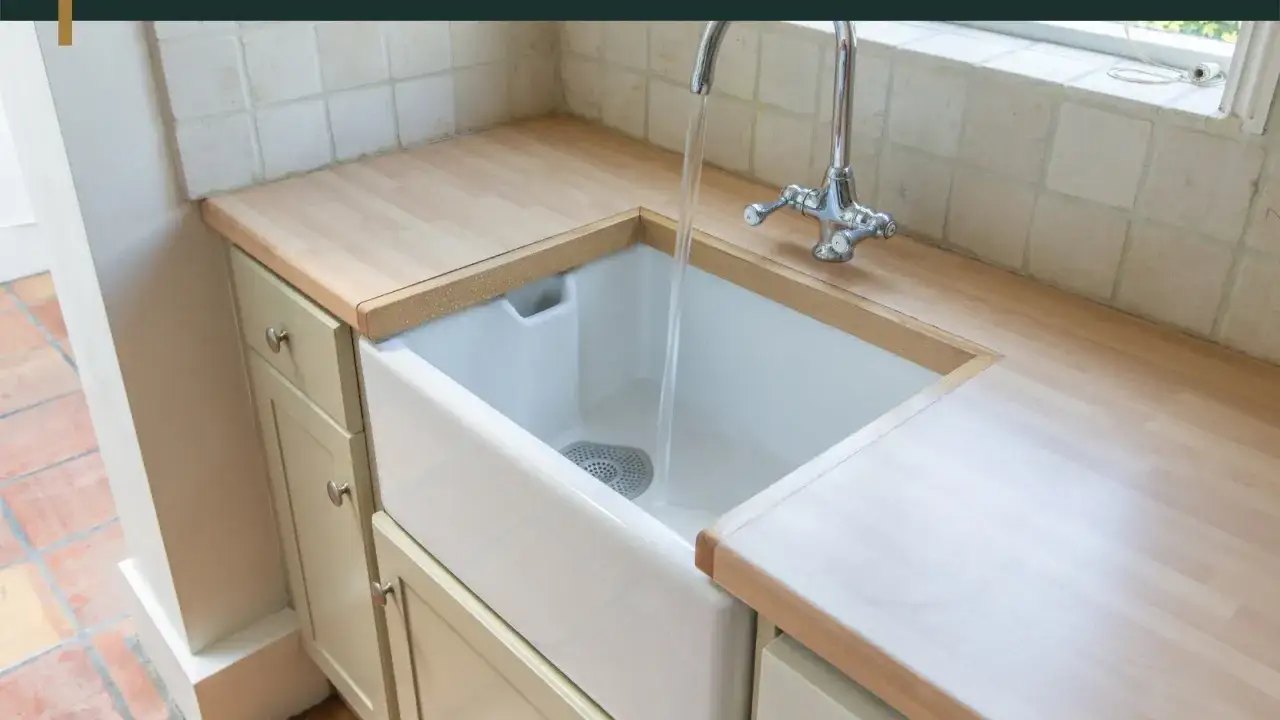 Biały zlew kuchenny dwukomorowy z chromowaną baterią, woda leje się do jednej komory.