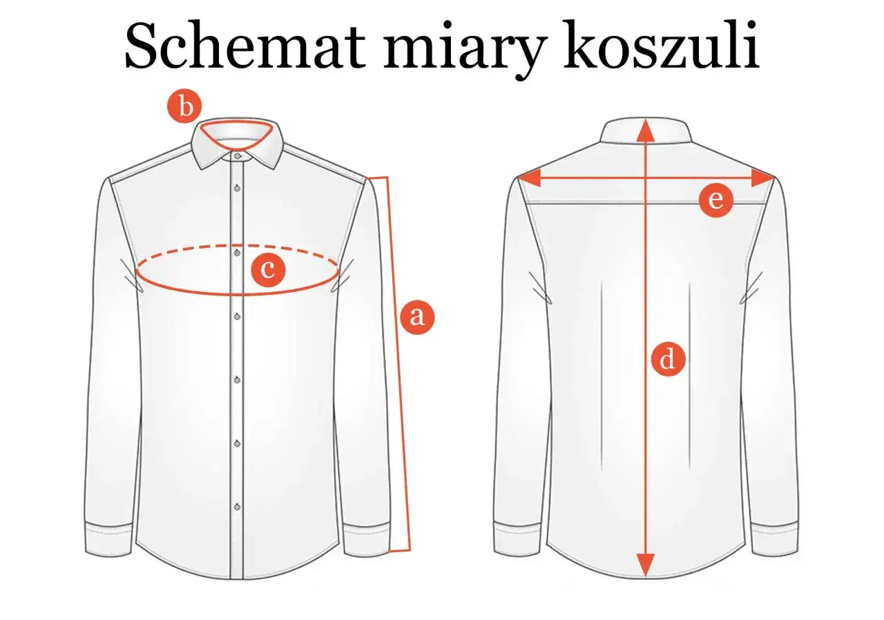 Schemat miary koszuli: jak zmierzyć rozmiar kołnierzyka (b), klatki piersiowej (c), długości (a, d) i szerokości ramion (e).