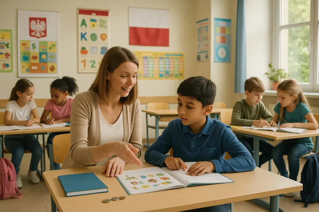 Nauczycielka pomaga uczniowi w nauce. Idealne miejsce, gdzie wysłać dziecko na obóz językowy, by rozwijało swoje umiejętności.