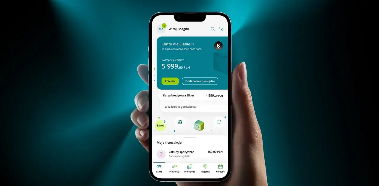 Widok aplikacji mobilnej Credit Agricole, pokazujący jak zalogować się do banku, saldo konta i ostatnie transakcje.