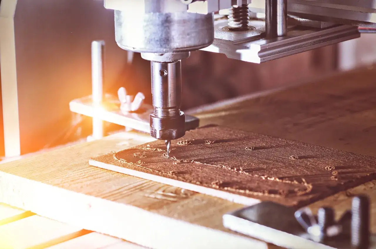 Ploter CNC DIY w akcji, precyzyjnie frezuje drewno. Widać wiertło i ślady pracy na materiale.