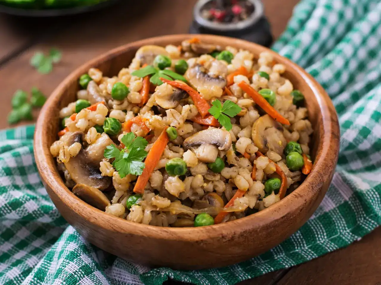Pęczak z pieczarkami i groszkiem, idealny przepis na to, jak ugotować kaszę pęczak.