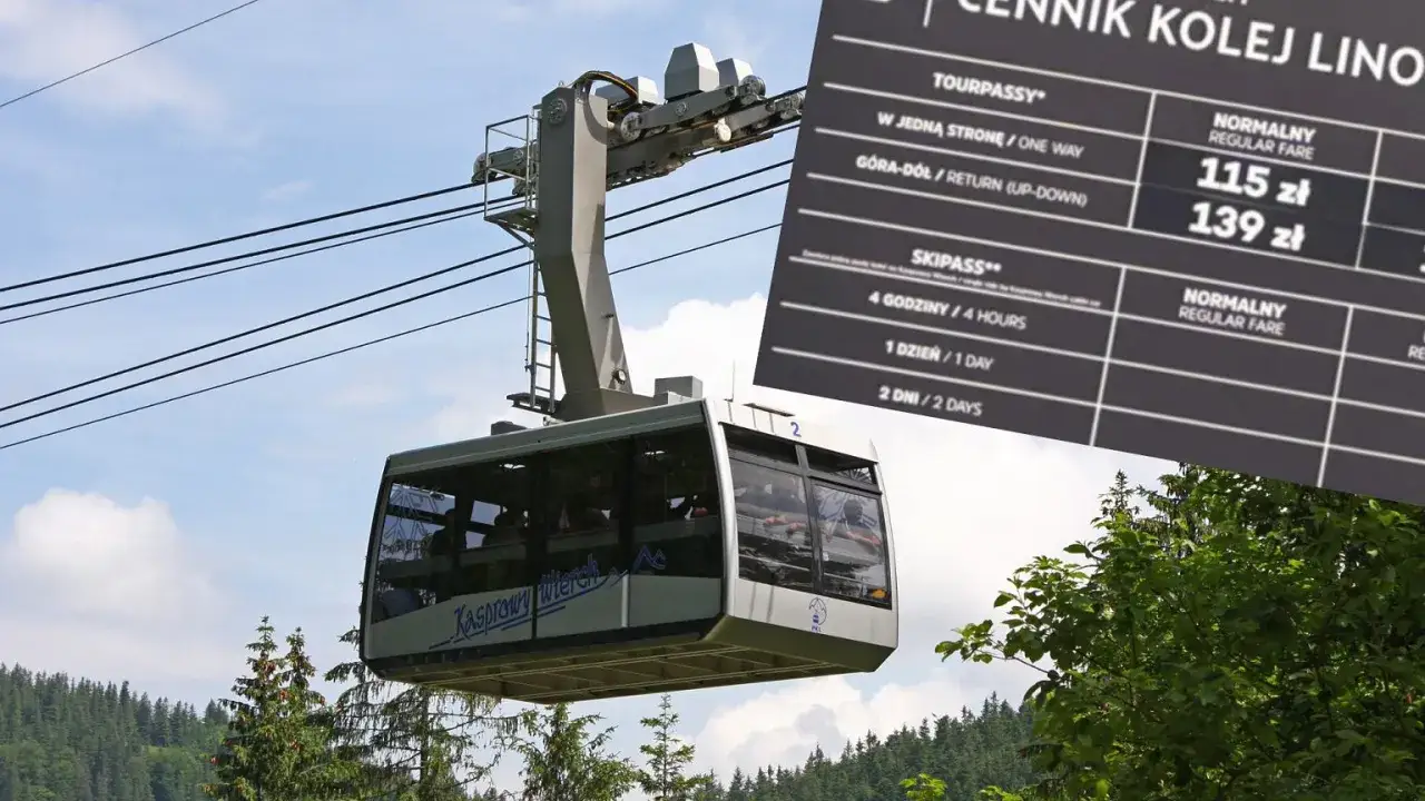 Kolejka linowa na Kasprowy Wierch z widocznym cennikiem. Ceny bilet&oacute;w normalnych to 115 zł (g&oacute;ra-d&oacute;ł) i 139 zł.