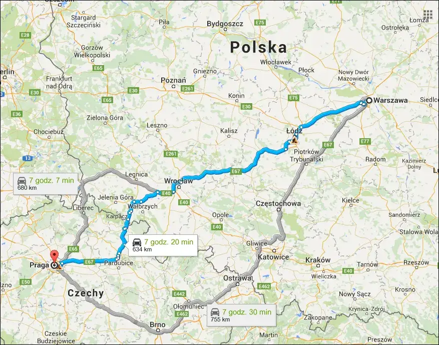 Mapa tras samochodowych Polska Praga