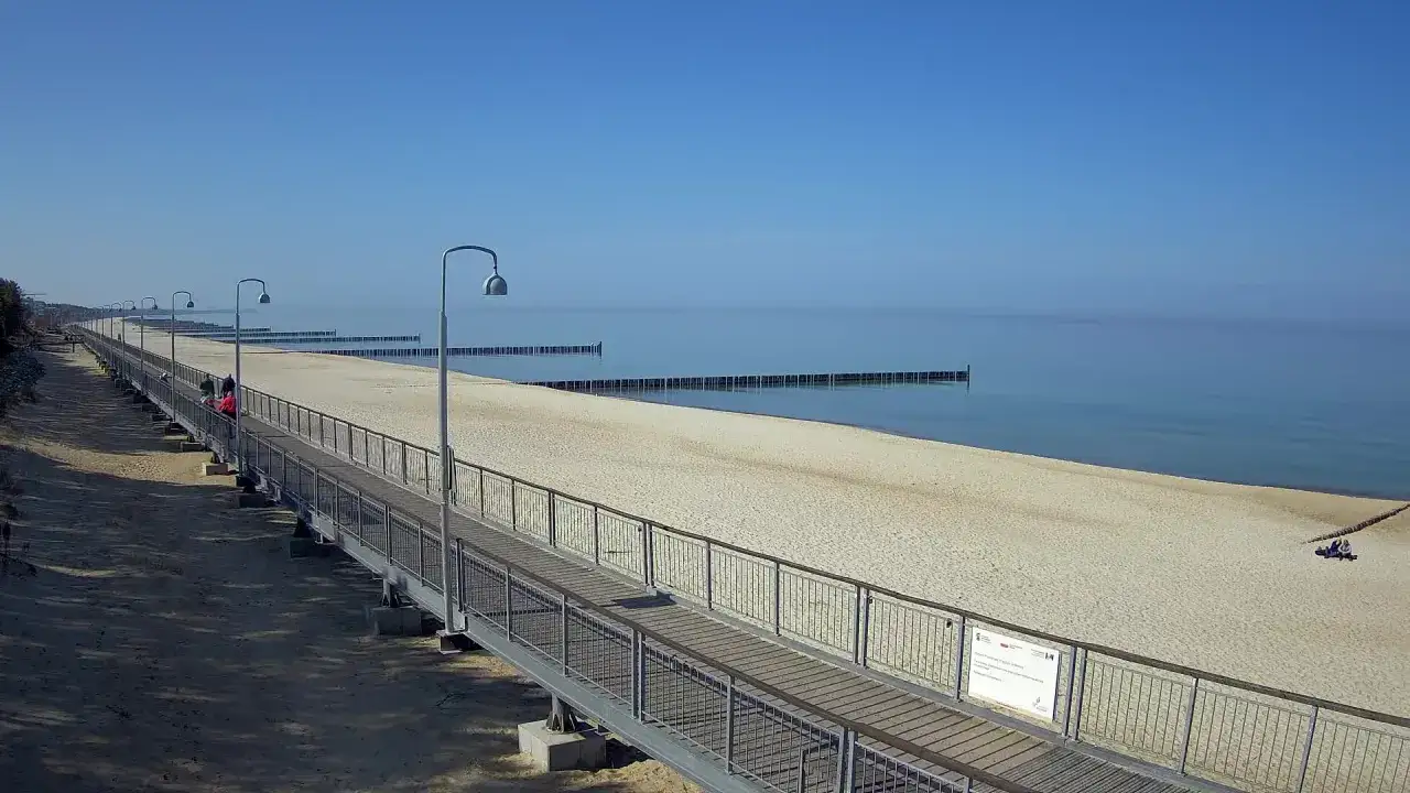 Długa promenada nad piaszczystą plażą, morze i błękitne niebo. Czy Mielno to miasto? To urokliwe miejsce nad Bałtykiem.