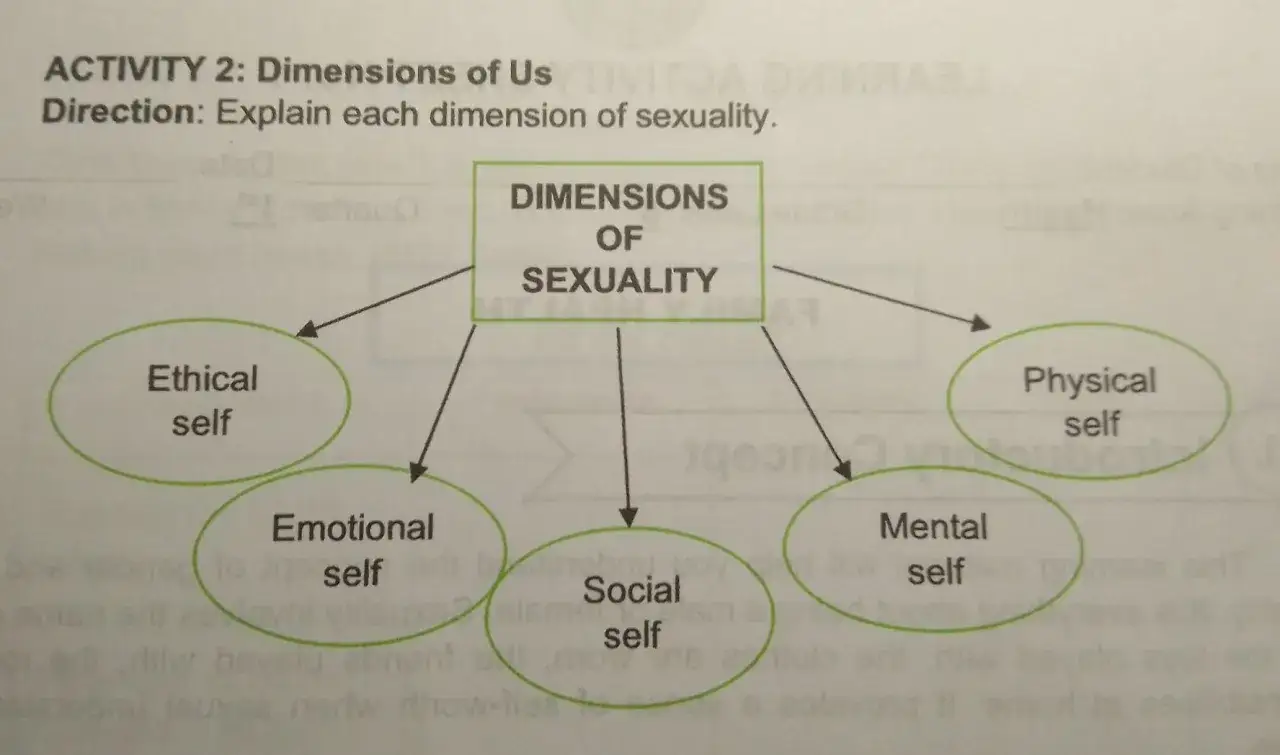 Diagram wyjaśnia, co to seksualność, pokazując jej wymiary: etyczny, emocjonalny, społeczny, psychiczny i fizyczny.
