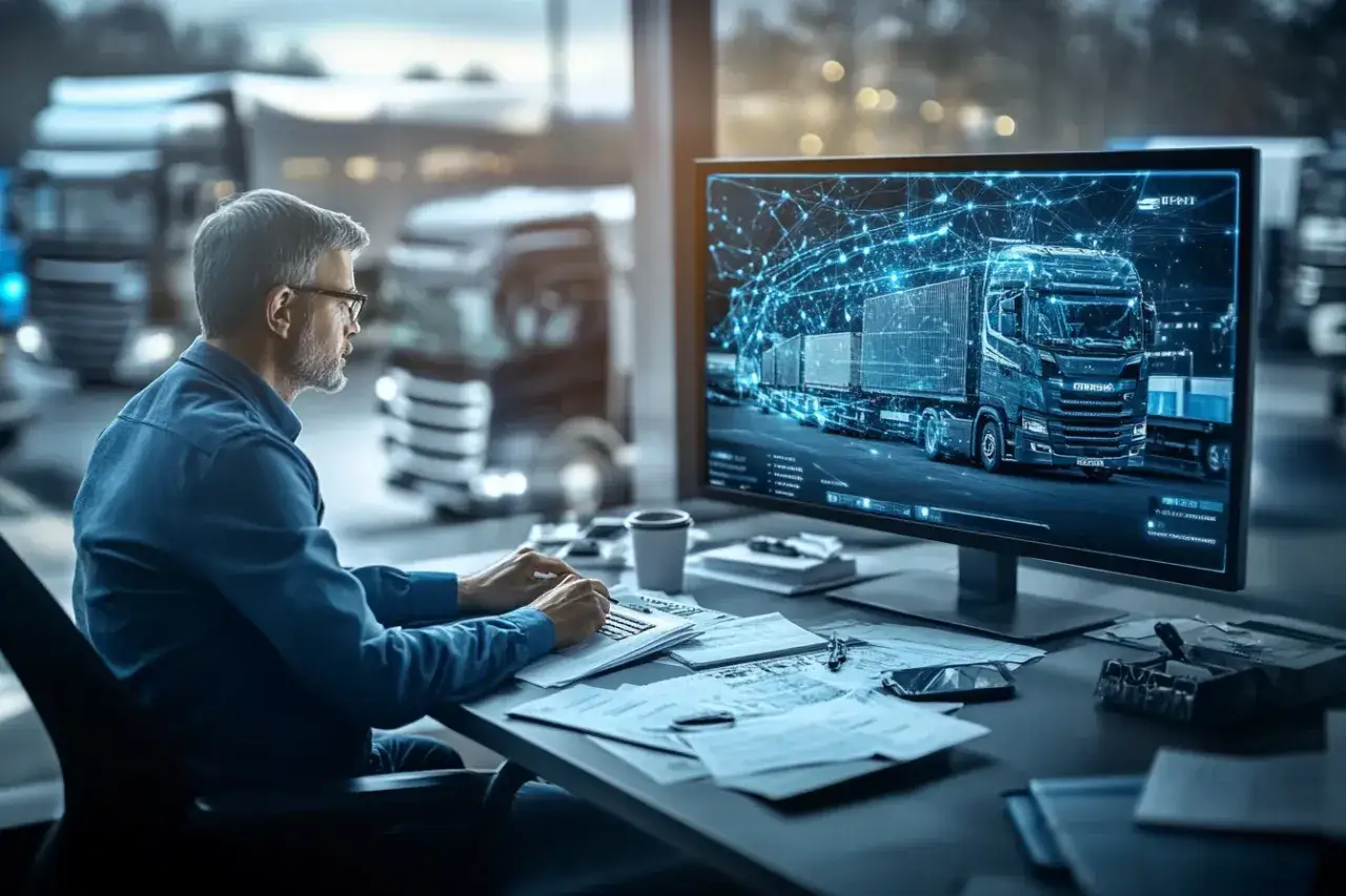 spedytor przy komputerze monitorujący transport