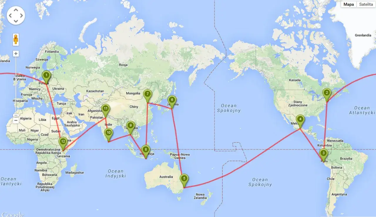 Mapa świata z zaznaczoną trasą podróżowania po świecie, obejmującą Europę, Azję, Australię i Amerykę.