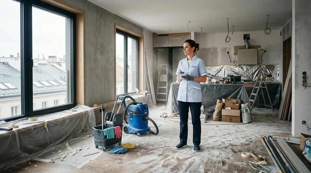 Pracownica firmy sprzątającej ocenia zakres prac. Zastanawiasz się, ile kosztuje sprzątanie mieszkania po remoncie?