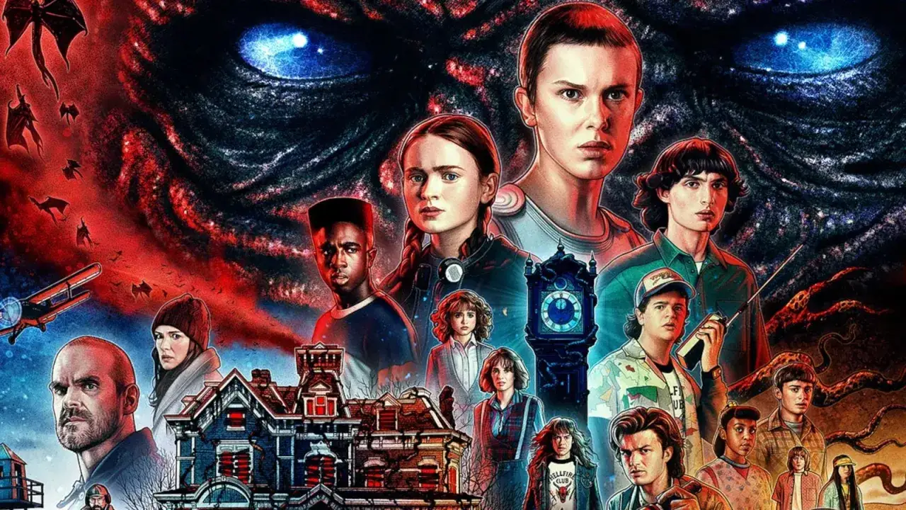 Gdy 5 sezon Stranger Things, bohaterowie stają naprzeciw mrocznych sił. W tle przerażające oko i latające stwory.