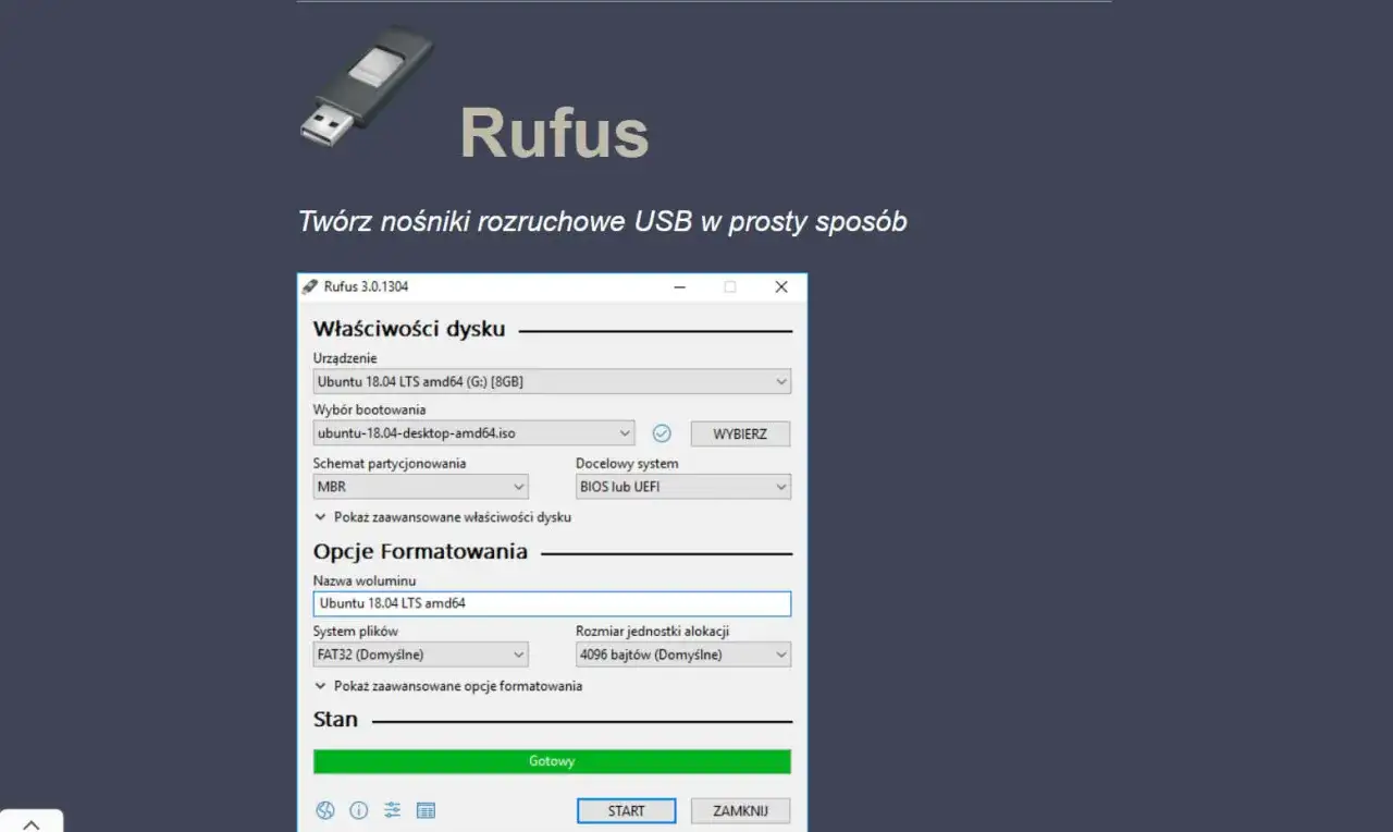 Rufus interfejs główny z wybranym ISO