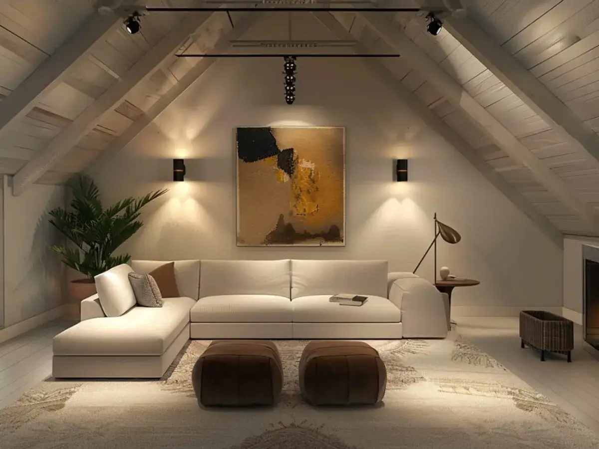Nowoczesne oświetlenie poddasza: kanapa, obrazy i lampy tworzą przytulną atmosferę.